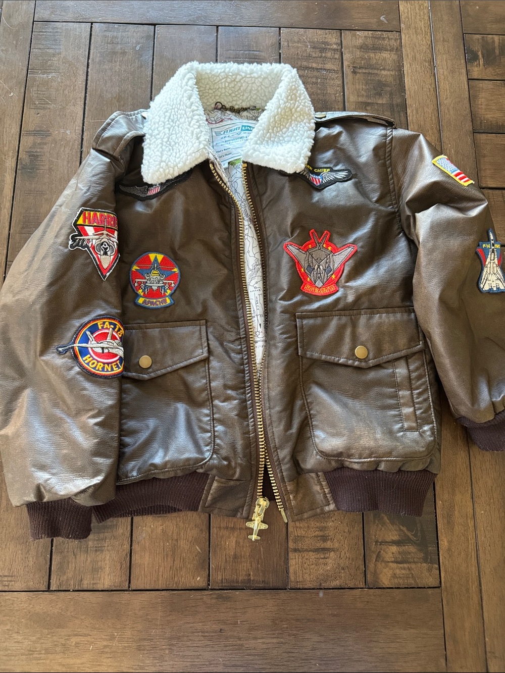 Kids Brown Faux Leather Bomber Jacket with White Sherpa Collar